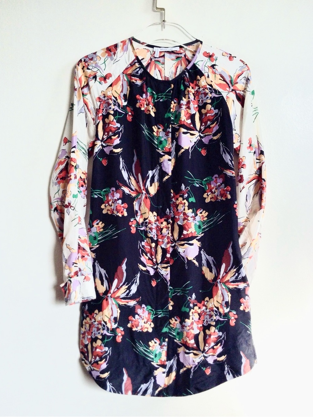 DEREK LAM 10 CROSBY 100% Silk Floral Print Tunic Mini Dress Black Multicolor 0